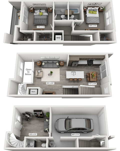 Three different floor plans of a house are shown.